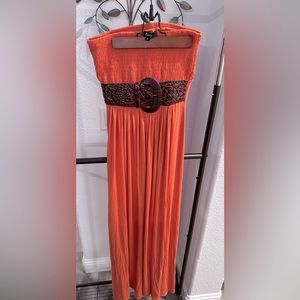 SKY maxi dress size S, tangerine with braided brown belt, EUC